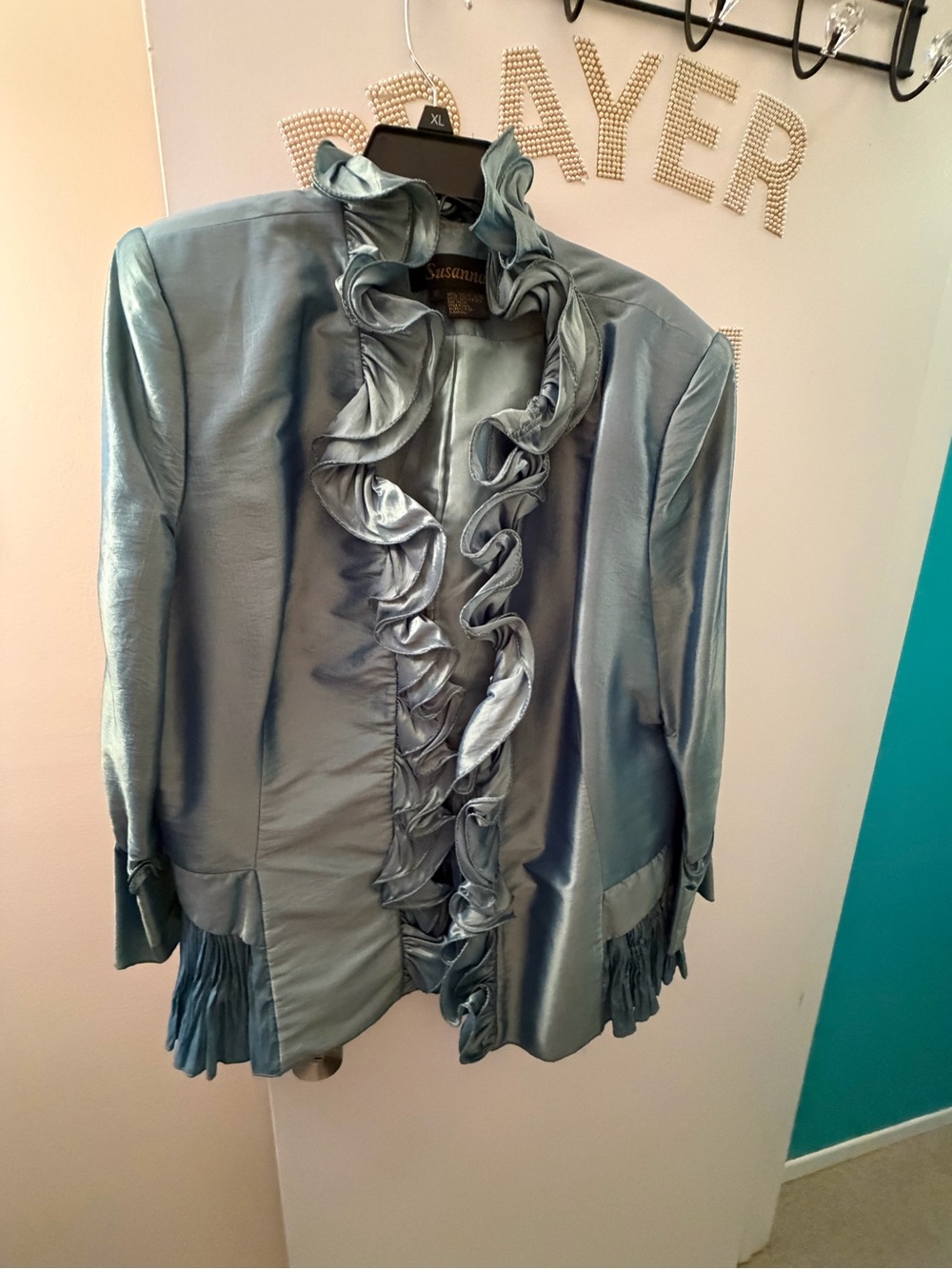 Susana Monaco Light Blue Satin Ruffle Blazer